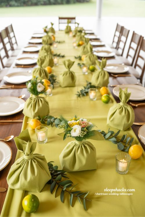 Bridal Bouquet Bags as Chartreuse Wedding Table Décor and Favors