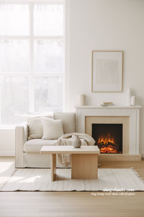 Bright Airy Small Living Room with White Fireplace Decor