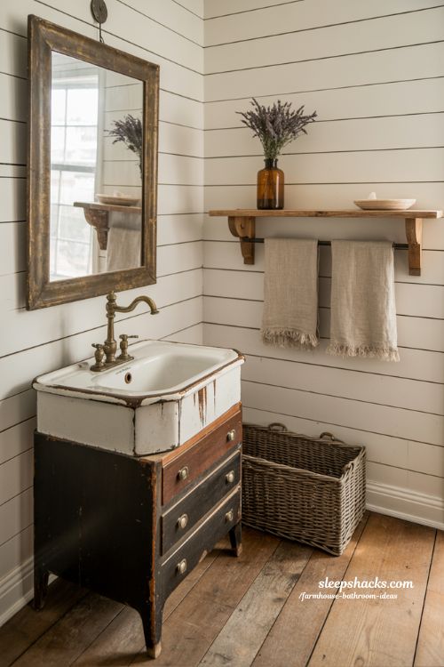Bright Modern Farmhouse Bathroom with Full Shiplap Walls and Natural Wood Accents
