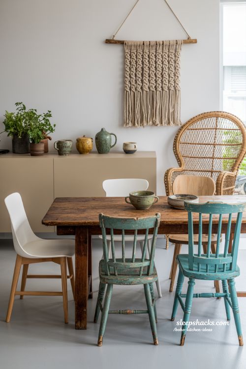 Budget Boho Kitchen with Thrifted Wood Table and DIY Macramé Decor