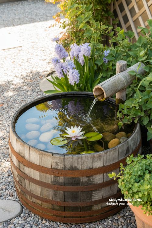 Budget friendly backyard pond idea using a rustic wooden barrel and aquatic plants