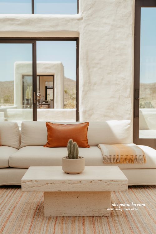 Calm Desert Chic Boho Living Room Ideas with Sandy Tones and Leather