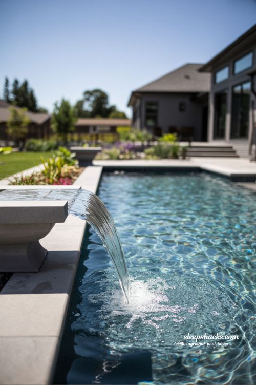 Calming Semi Inground Pool Ideas with Small Waterfall