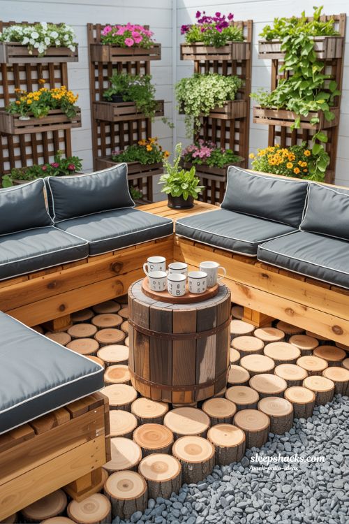 Charming DIY Backyard Patio with Handmade Wooden Benches and Custom Planters