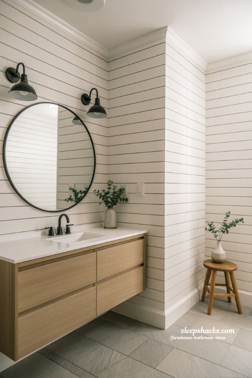 Charming Vintage Farmhouse Bathroom with Antique Brass Mirror and Enamel Basin
