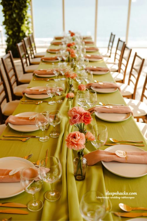 Cheerful Chartreuse and Coral Wedding Tablescape Ideas