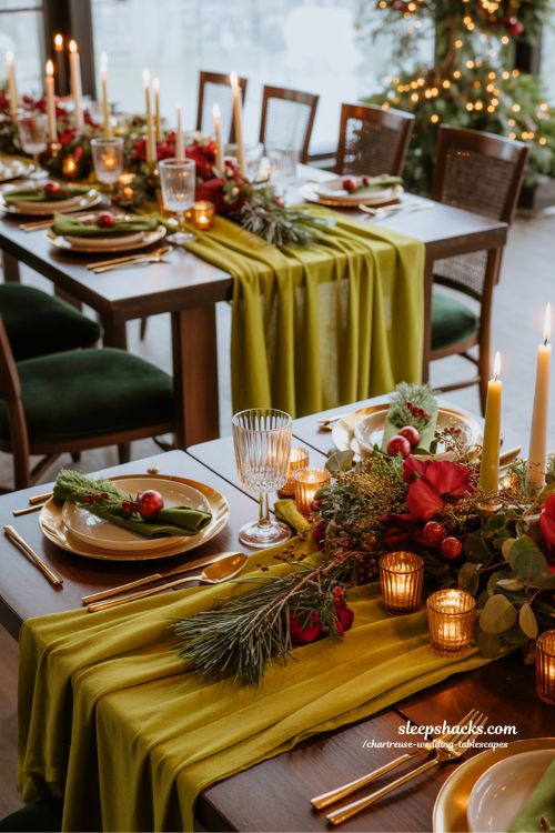 Christmas Wedding Tables with Chartreuse Accents and Festive Elegance