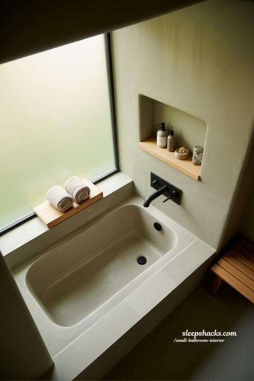Compact corner bathtub ideas for small bathroom interior minimalist Japandi spa style design with open space and natural light