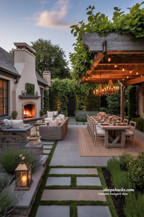 Complete romantic backyard transformation with outdoor fireplace pergola dining and cozy lighting design