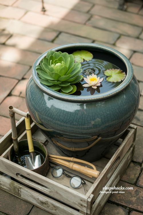 Container backyard pond idea using a vintage ceramic pot and floating plants