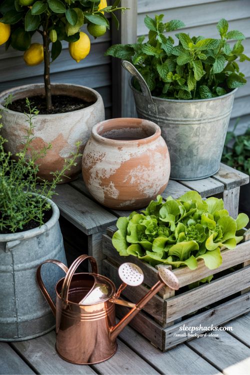 Container gardening ideas using mismatched terracotta pots and recycled metal buckets to create a flexible and lived-in small backyard garden