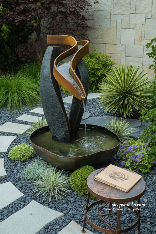 Contemporary sculptural water feature with corten steel and granite surrounded by artistic plants and stone path in a curated garden design.
