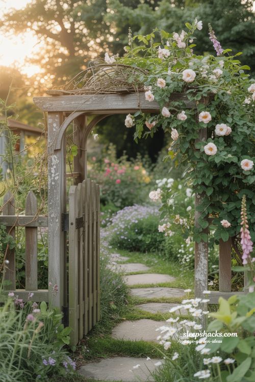 Cottage Garden Entrance Ideas with Rustic Gate and Climbing Flowers