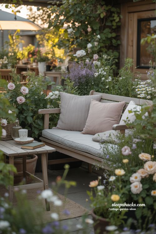 Cottage Garden Ideas with Cozy Seating Corner for Relaxing Outdoor Moments