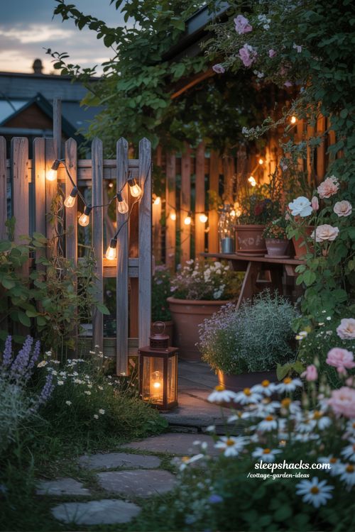 Cottage Garden Ideas with Soft Evening Lighting for a Warm Magical Glow