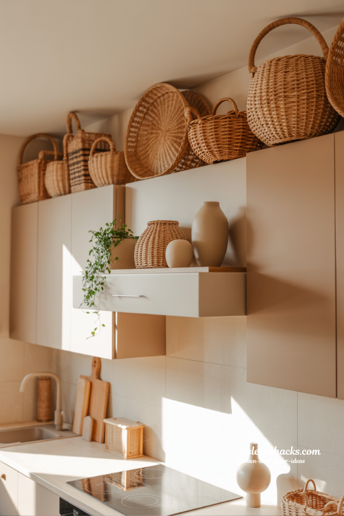Cozy Basket Styling Above Kitchen Cabinets with Effortless Natural Warmth