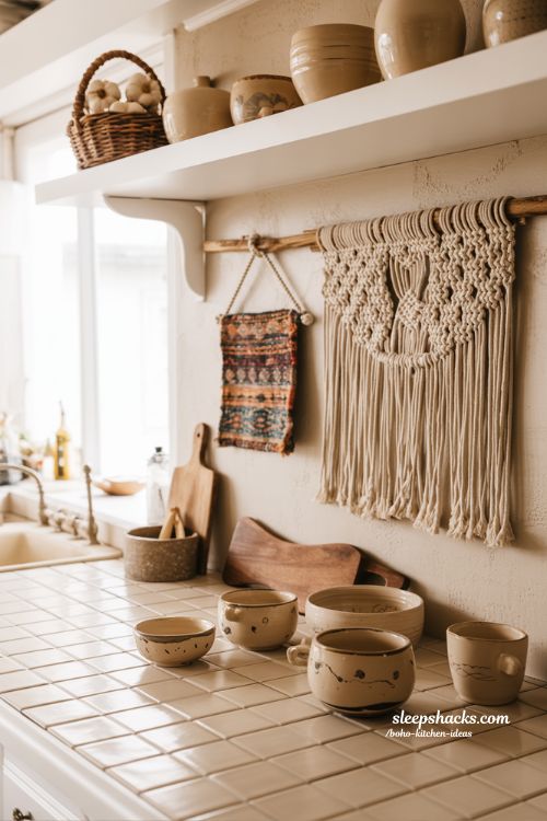 Cozy Boho Kitchen Decor with Handmade Pottery and Macrame Accents