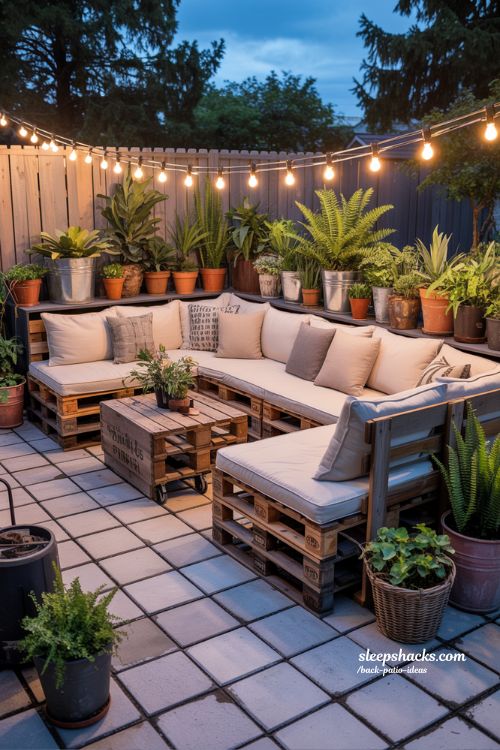 Cozy Budget-Friendly Back Patio Transformation with DIY Furniture and String Lights