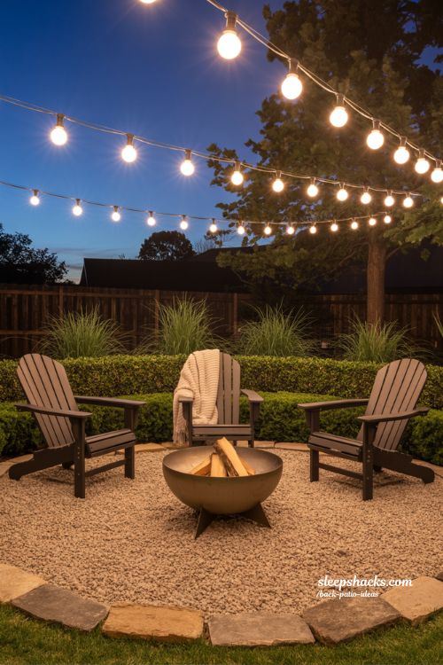 Cozy Circular Stone Fire Pit Patio with Modern Adirondack Chairs and String Lights