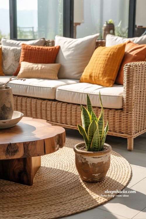 Cozy Earthy Boho Living Room with Natural Wood and Rattan Textures