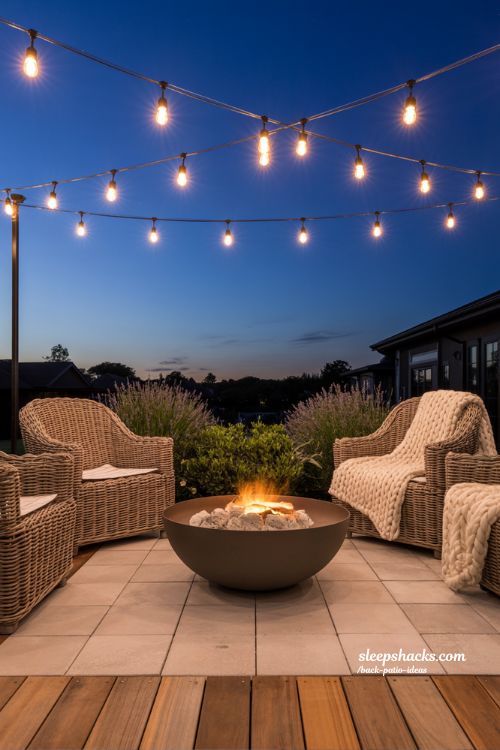 Cozy Evening Back Patio with Warm String Lights, Fire Pit, and Plush Seating