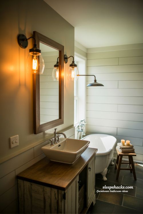 Cozy Farmhouse Bathroom with Lantern Sconces and Layered Mood Lighting