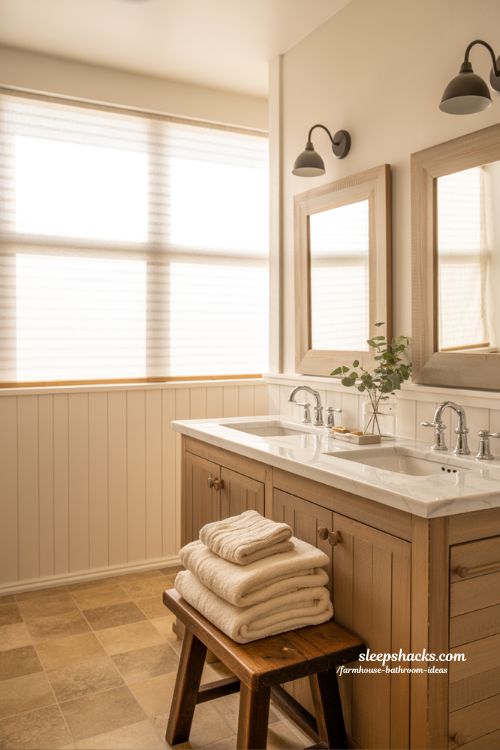 Cozy Farmhouse Bathroom with Warm Reclaimed Wood Vanity, Marble Countertop, and White Shiplap