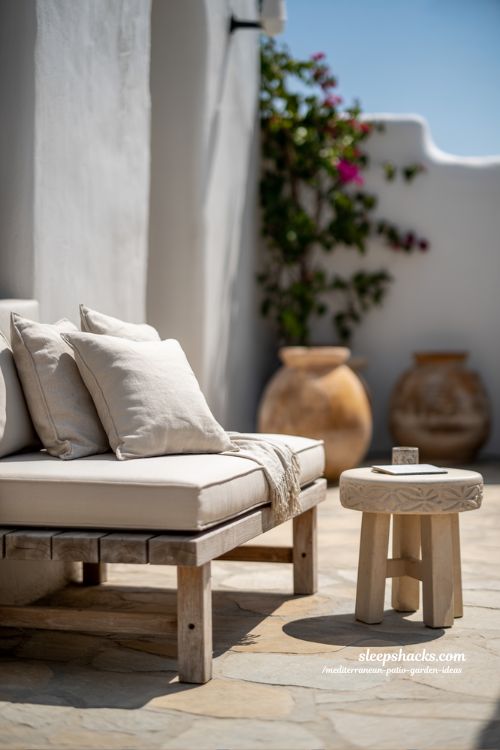 Cozy Mediterranean Patio Nook with Simple Wood Seating and Soft Textiles