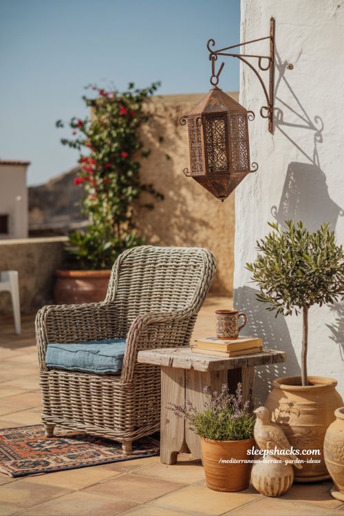 Cozy Mediterranean Terrace Corner with Personal Touches: Vintage Armchair and Old Moroccan Lantern
