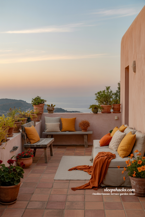 Cozy Mediterranean Terrace Design with Warm Terracotta and Sunset Tones