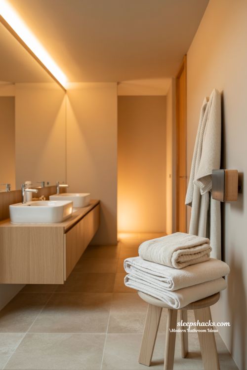 Cozy Modern Bathroom with Warm Ambient Lighting and Soft Wood Textures