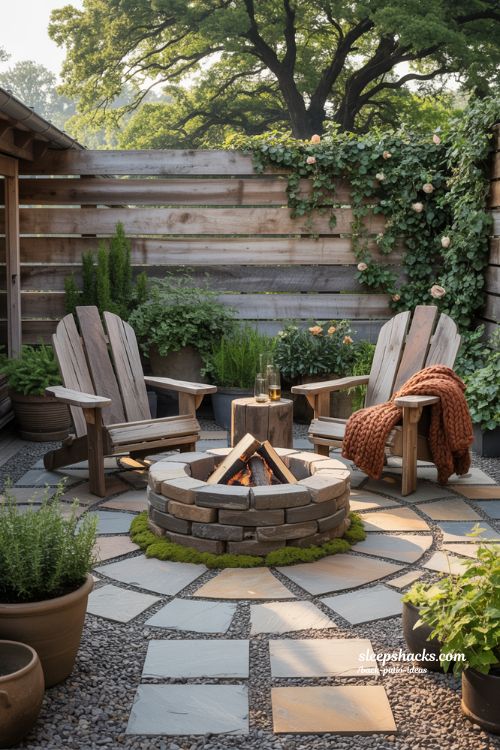 Cozy Rustic Back Patio with Flagstone Paving, Stacked Stone Fire Pit, and Reclaimed Wood Chairs