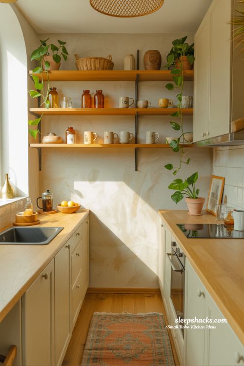 Cozy Small Boho Kitchen with Natural Wood and Earthy Decor