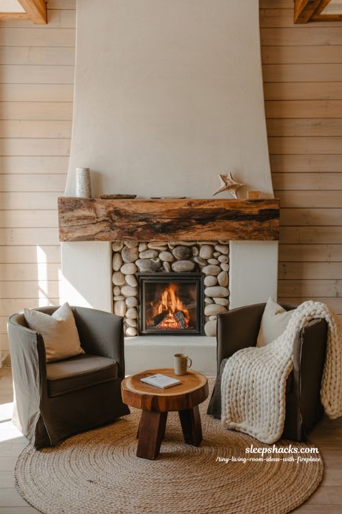 Cozy Small Rustic Living Room with River Stone Fireplace