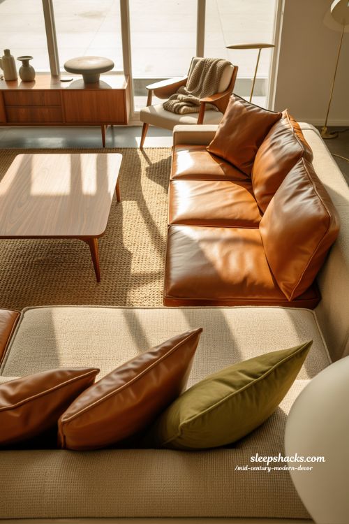 Cozy mid-century modern decor living room with layered textures and warm inviting atmosphere