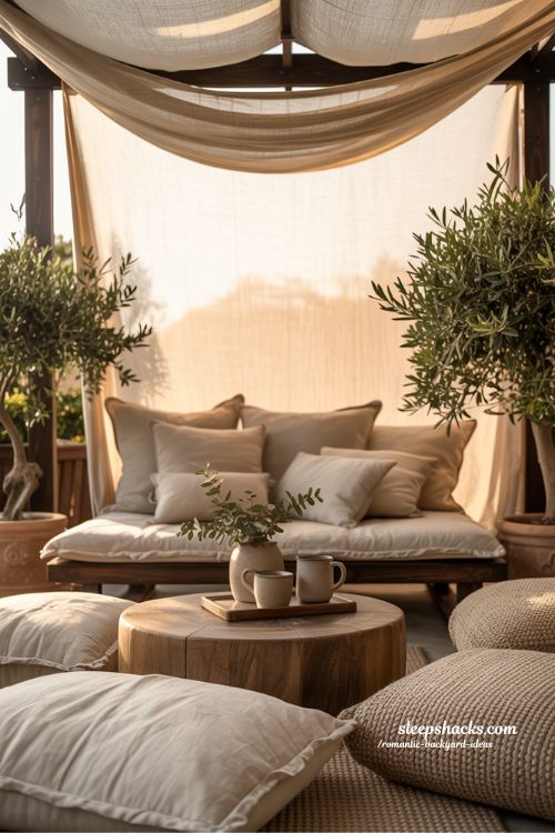 Cozy outdoor seating ideas with loveseat and floor cushions for an intimate romantic backyard nook