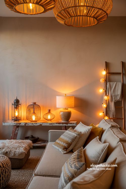 Create Cozy Vibes: Layered Boho Lighting Ideas for ultimate warmth and a relaxing living room mood