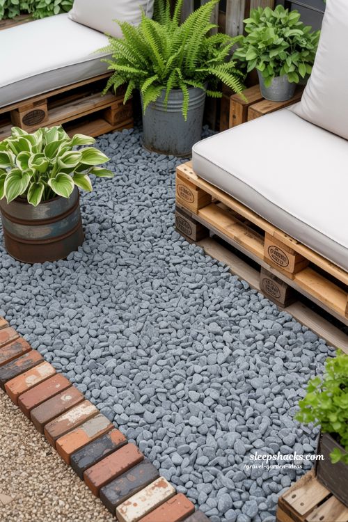 Creative Budget Friendly Gravel Garden with Reclaimed Wood Furniture and Upcycled Planters