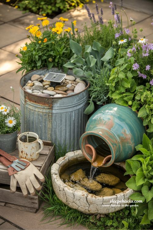 Creative DIY water feature in a cottage garden made from a repurposed galvanized metal washtub with potted plants and solar pump.