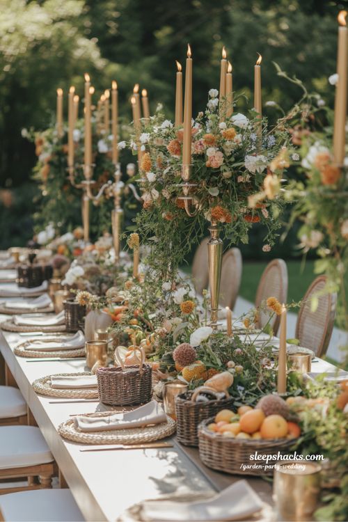 Creative Garden Party Wedding Centerpieces with Tall Candles and Lush Florals