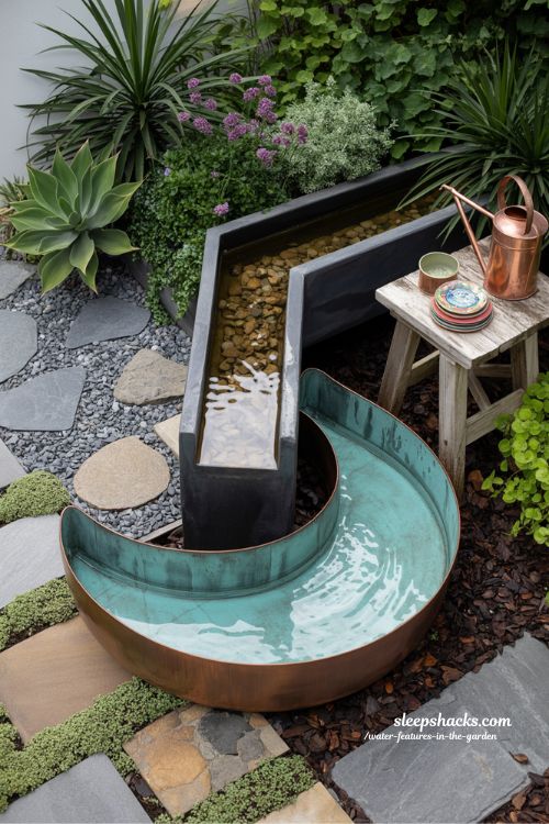 Creative L-shaped concrete and copper water feature with a crescent-moon basin and unique plants in a personalized garden design.