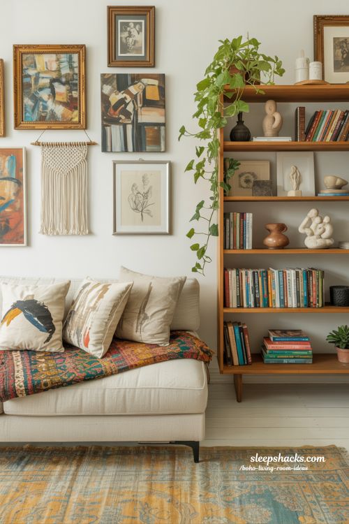 Curated Artistic Boho Living Room Gallery Wall and Creative Decor Ideas