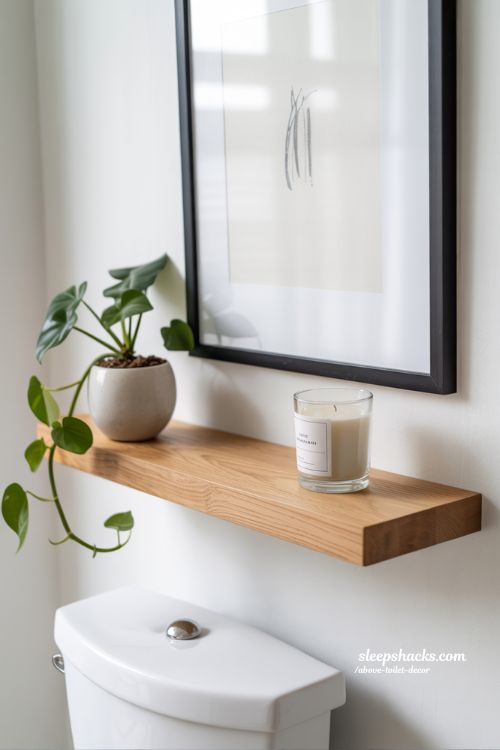 Curated Mixed Media Above Toilet Decor with Wood, Art, and Greenery