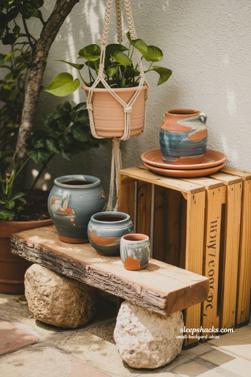DIY small backyard decor featuring hand painted pots and a repurposed wood bench for a personal and warm garden space