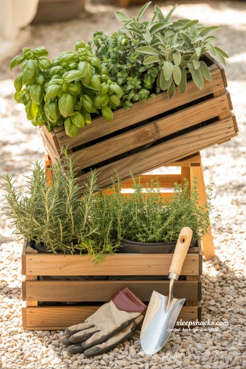 DIY wooden crate herb garden ideas for rustic outdoor patios and garden nooks