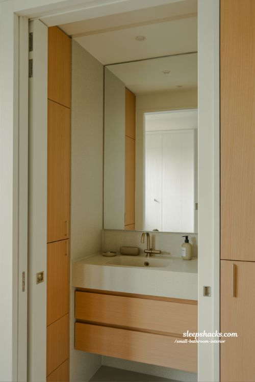 Decluttered small bathroom interior with hidden storage mirror cabinet floating vanity and minimalist Japandi design clean organized space