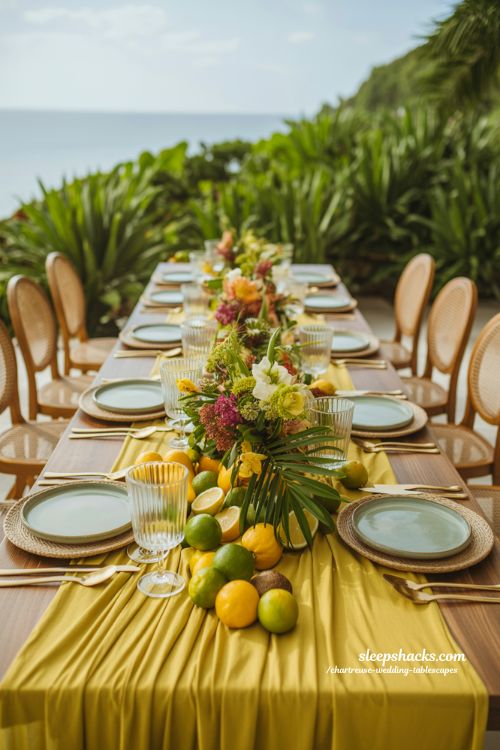 Destination Weddings Featuring Chartreuse Tables for Tropical and Garden Venues