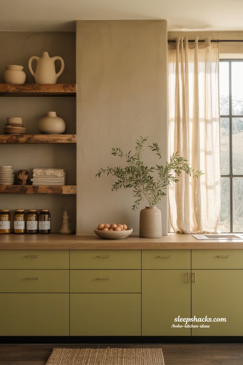 Earthy Boho Kitchen Ideas with Olive Green Cabinets and Matte Finishes