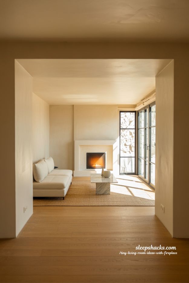 Cozy Modern Tiny Living Room Design with Central Fireplace