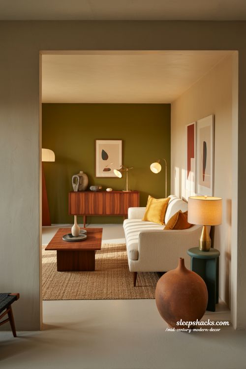 Earthy mid-century modern decor living room with calm bold color palette